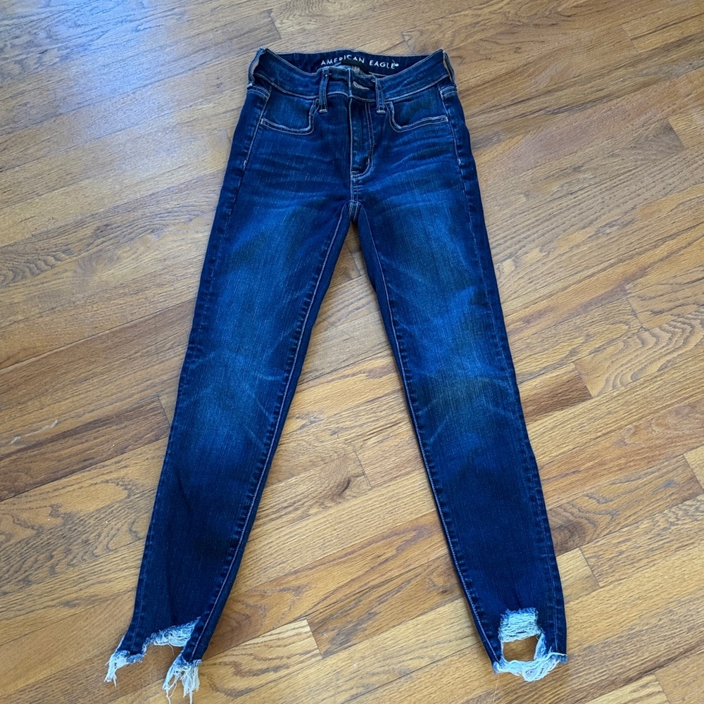 American Eagle Outfitters Dark Wash Ripped Hem Skinny Jeans